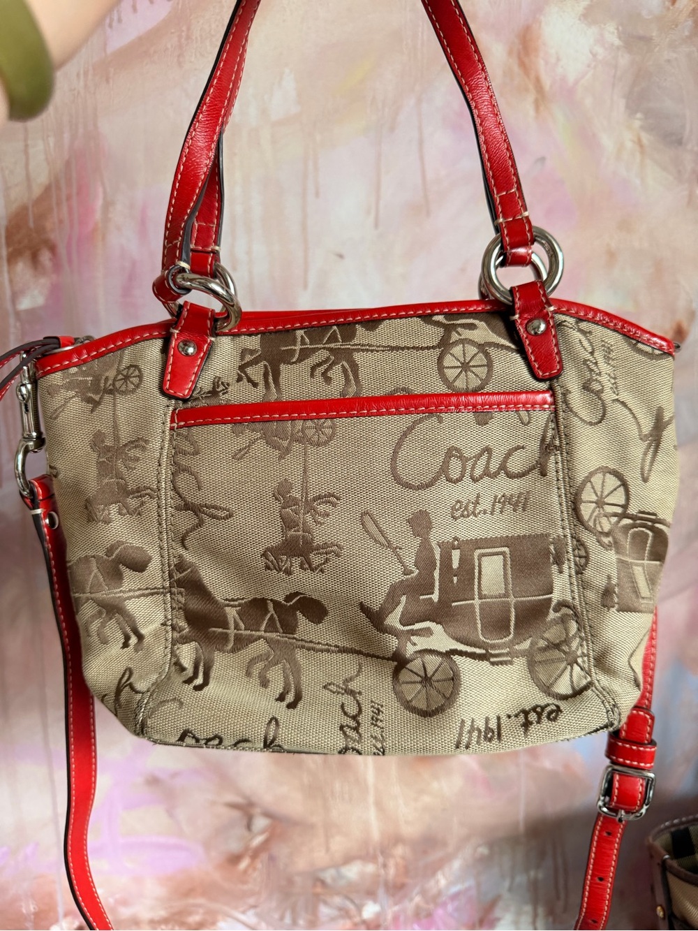 Coach Tan Signature Canvas Shoulder Bag with Red Leather Trim - Picture 3 of 8
